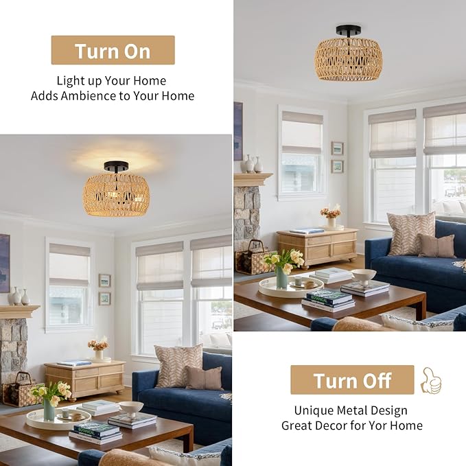 Boho Semi Flush Mount Ceiling Light - Rattan Light Fixture with Hand-Woven Shade, 3 Light Farmhouse Chandelier Coastal Wicker Light Fixtures for Kitchen Bedroom Foyer Nursery Entryway