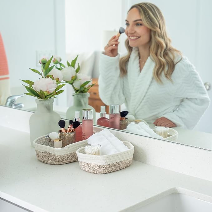 OrganiHaus Set of 5 Rectangle Bathroom Storage Baskets for Organizing, Small Woven Baskets for Storage Basket for Bathroom, Nursery Storage Basket for Baby Nursery Organization, Cute Bin, Brown/White