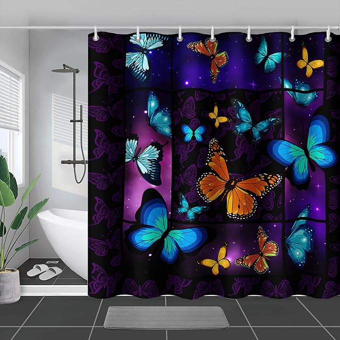 AILONEN Colorful Butterfly Shower Curtain,Animal Shower Curtain 48" W*72" H for Bathroom Decor,Mystic Purple Galaxy Butterfly Modern Shower Curtain Waterproof Bath Curtain with Grommets and 12 Hooks