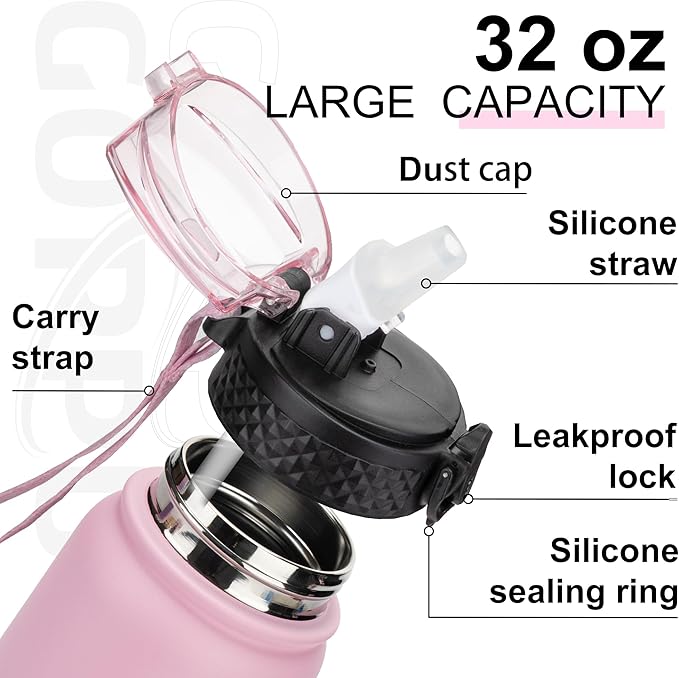 GOPPUS 32 oz Sports Water Bottle 1 Liter Double Wall Insulated Stainless Steel Water Bottles with Straw Lid Reusable Leak proof Metal water bottles with Strap Handle(Pink Blue 1 lid)