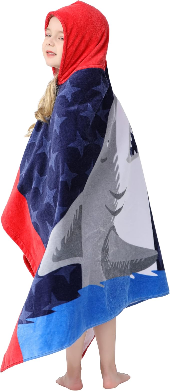Premium Cotton Hooded Towel for Kids | Great White Shark Design | Ultra Soft and Extra Large | Children Bath Towel with Hood for Girls & Boys