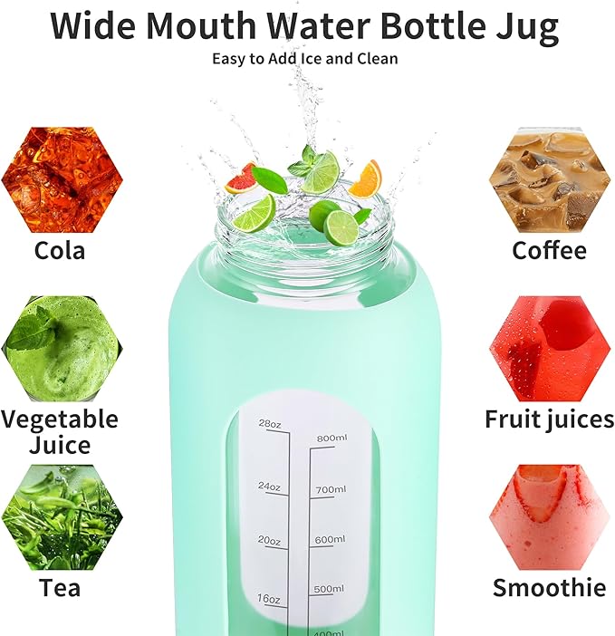 64 oz Glass Water Bottle With Straw and Handle, Half Gallon Sports Motivational Water Jug Flask with Silicone Sleeve, Large Water Cup with Time Marker for Travel, Gym, Sky Blue