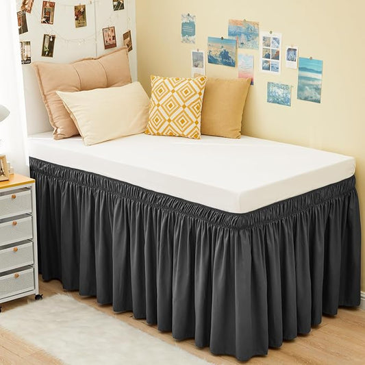 RIMELA Dark Grey Bed Skirt Twin 32 Inch Drop Silky Luxurious Fabric, Wrinkle and Fade Resistant with Adjustable Elastic Belt Easy to Install Machine Washable Dust Ruffles Bedskirt