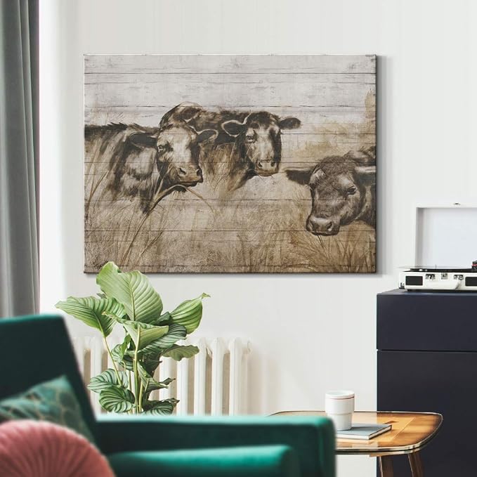 Renditions Gallery Canvas Animal Wall Art Modern Decorations Paintings Vintage Sepia Cows Abstract Black & White Farmhouse Artwork Prints for Bedroom Office Kitchen - 32"x48" LT33