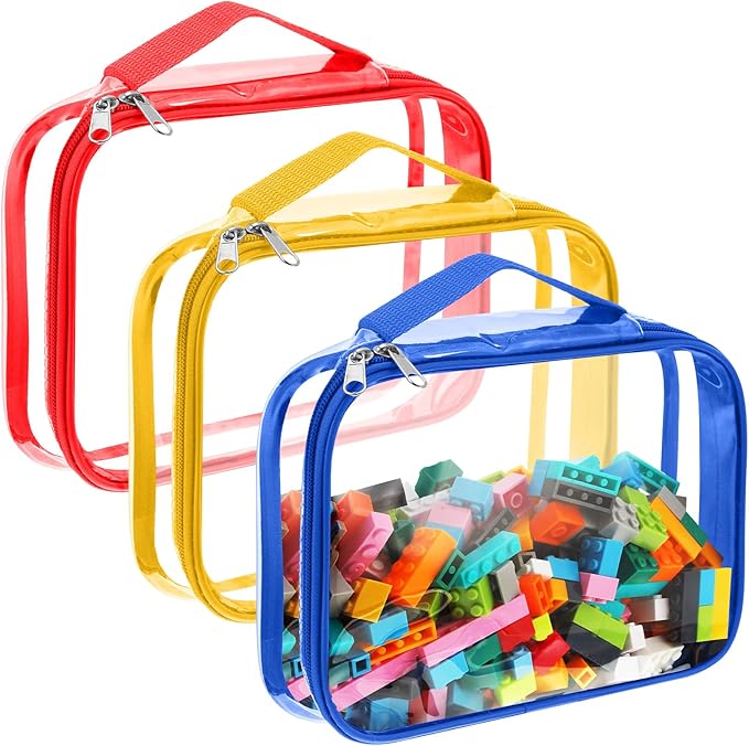 Sanwuta 3 Packs Toy Storage Bags with Zipper, Clear PVC Organizing Bags, Waterproof Toy Bags for Board Games, Building Blocks, Toys and Kids Books (Red, Blue, Yellow,10.24 x 7.09 x 2.36 Inch)