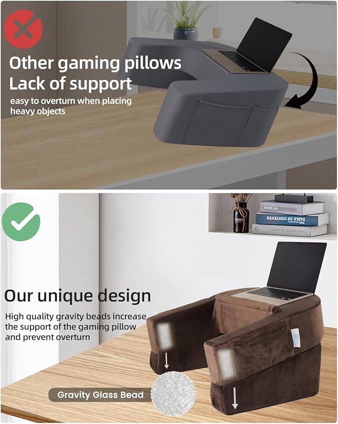 Weighted Idea Reading Pillow for Gaming, Meduim Gaming Pillow for Adult,Table Pillow with 2 Side Pockets for Gaming, Reading, Working Sitting in Bed Floor Sofa (Brown)