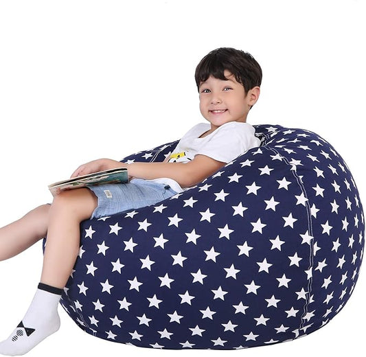 Lukeight Stuffed Animal Storage Bean Bag Chair Cover for Kids, Zipper Beanbag Chair Cover for Organizing Toddler and Kids' Rooms Plush Toys (Stars Navy, Large)