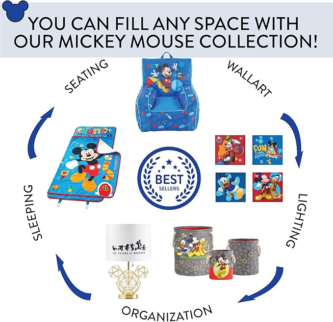 Idea Nuova Disney Mickey Mouse Kids Nylon Bean Bag Chair with Piping & Top Carry Handle, Large