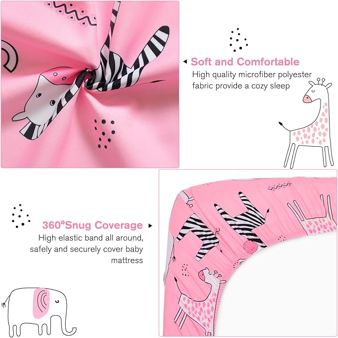 JISEN Baby Crib Sheets Soft Breathable Pink Fitted Crib Sheets Baby Sheet for Standard Crib and Toddler Mattress Baby Bed Sheets for Crib for Baby Boys Girls Neutral 52x28 Inch Elephant
