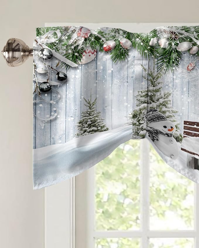 Merry Christmas Blackout Tie Up Valance Curtains for Kitchen Windows Xmas Snowman Snowy Pine Tree Window Toppers Balloon Shades for Living Room/Bathroom/Bedroom,1 Panel, 54" X 18", Blue Winter