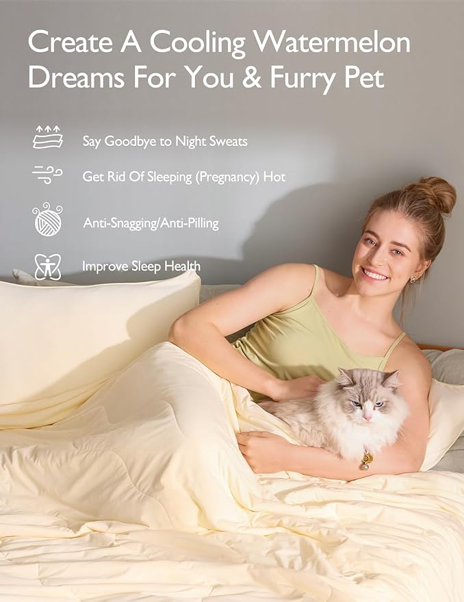 Momcozy Life CoolMurm Cooling Comforter for Hot Sleepers, Full/Queen 90"x90" Pregnancy Cooling Blanket, All-Season Lightweight Soft Breathable Cooling Quilt Duvet, Stay Cool All Night, Beige Yellow