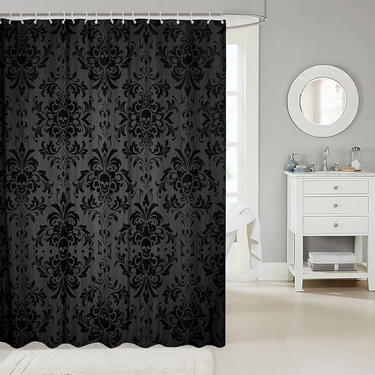 Feelyou Black Damask Shower Curtain 72"x78" Kids Vintage Floral Bathroom Shower Curtain Set for Boys Girls Teens Antique Victorian Baroque Bath Curtain Gothic Bone Skeleton Bathroom Accessories