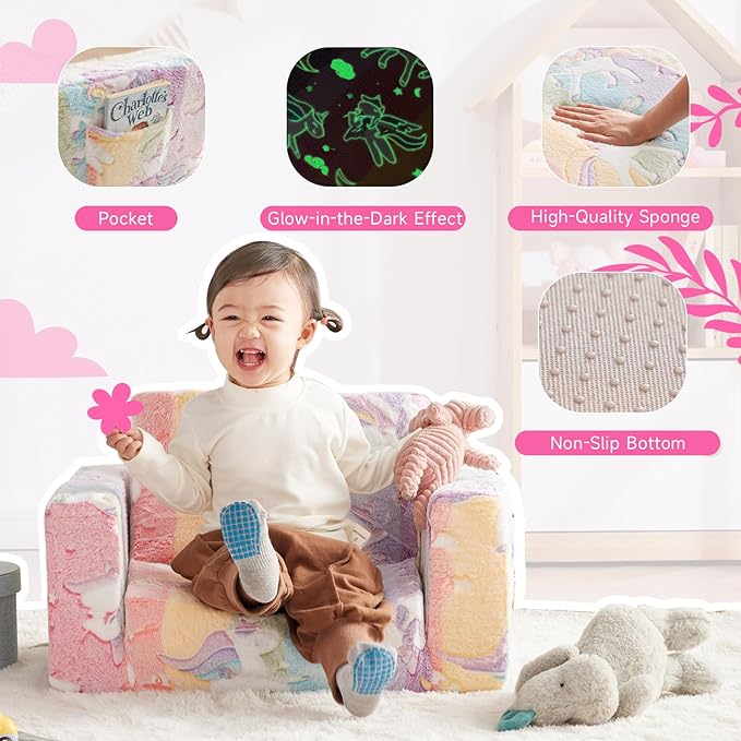 Toddler Chair, Toddler Couch, Kids Couch, Kids Sofa Chair 2 in 1, Comfy Toddler Chair Folding Out for Girls, Glow in The Dark Extra Soft Open Couch for Playroom, Gifts for Kids, Pink Unicorn