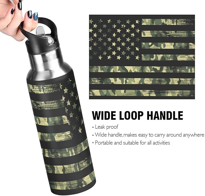 senya 20 Oz Water Bottle with Straw Usa Flag Camouflage Vintage Stainless Steel Water Bottle for Traveling Sports Leakproof Insulated Water Bottle
