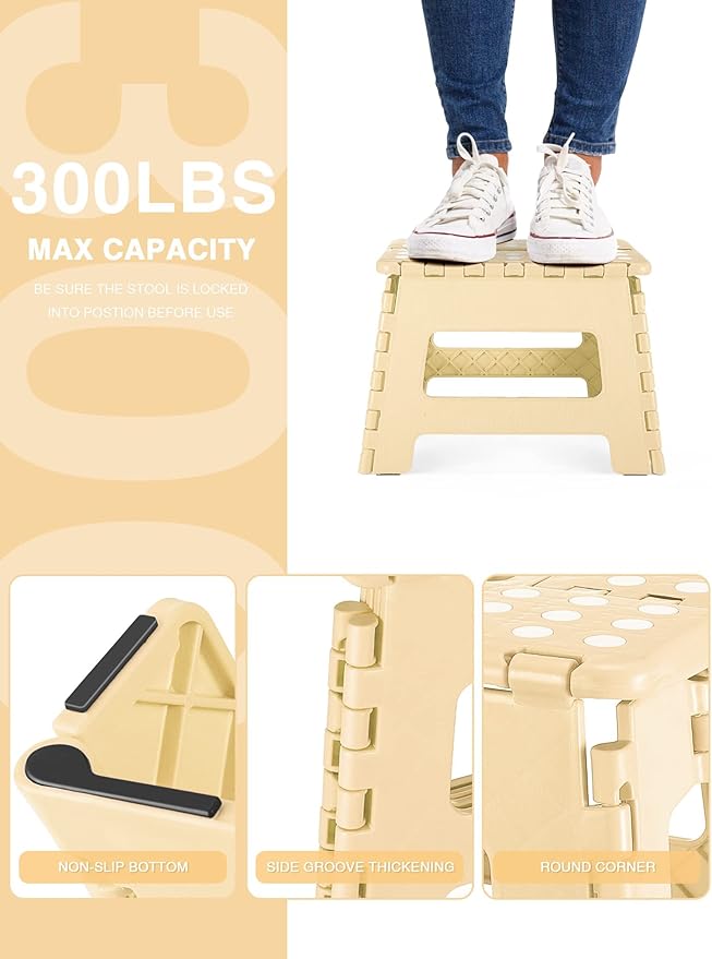 Folding Step Stool 9", Kids Step Stool, Heavy Duty Step Stools for Adults, Compact Foot Stools, Light-Weight Toddler Step Stool for Kitchen, Bathroom, Holds Up to 300 lbs (Khaki)