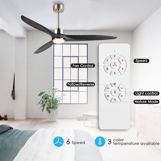WINGBO 60 Inch DC Ceiling Fan with Lights and Remote Control, 3 Reversible Carved Wood Blades, 6-Speed Noiseless DC Motor, Modern Ceiling Fan in Brushed Nickel Finish with Gray Blades