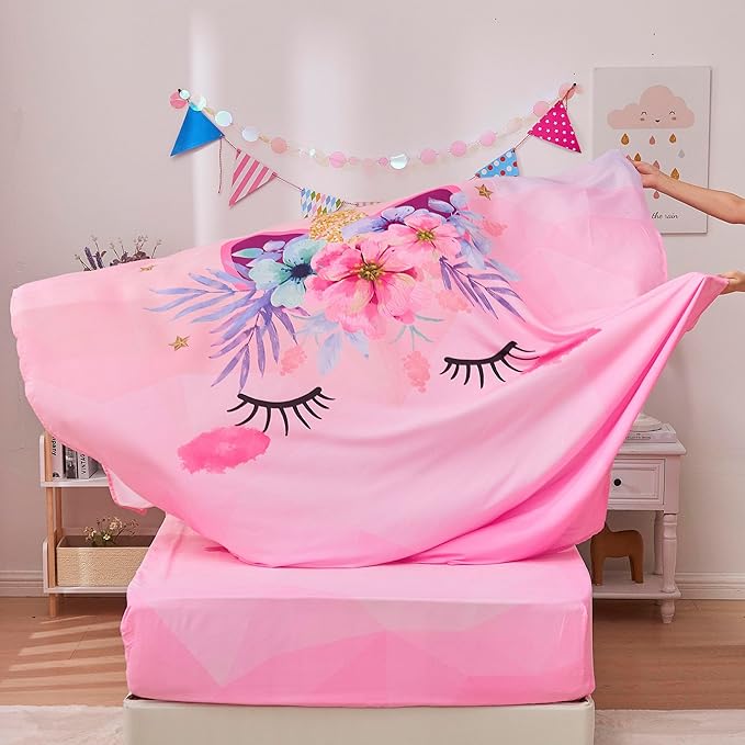 VIVILINEN Twin Size Bed Sheets Set for Kids Girls 3 Piece Pink Unicorn Kids Sheets Set Toddler Twin Bedding Set Include Flat Sheet, Deep Pocket Fitted Sheet and Pillowcase