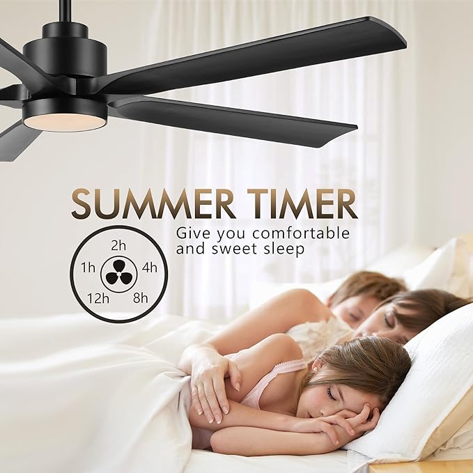 52" Modern Ceiling Fan with Light and Remote Control, 5 Solid Wood Blades 6-Speed Noiseless Reversible DC Motor, Ceiling Fan for Bedroom Dinning Living Room, Black