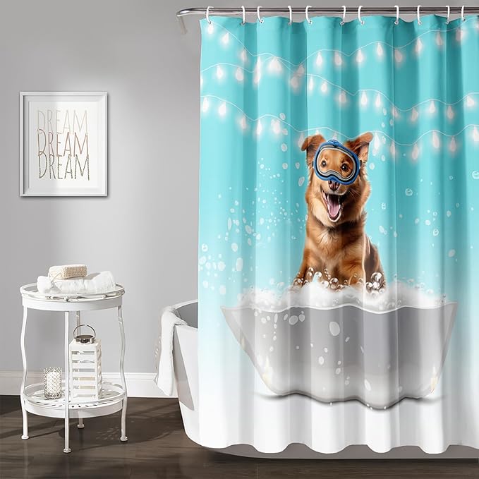 AILONEN 3D Bathtub Dog Shower Curtain for Kids 48" W*72" H Inch,Kawaii Diving Dog Sitting in a Bathtub Shower Curtain,12 Pack Hooks Polyester Waterproof Fabric Decor for Bathroom Bathtub Panels