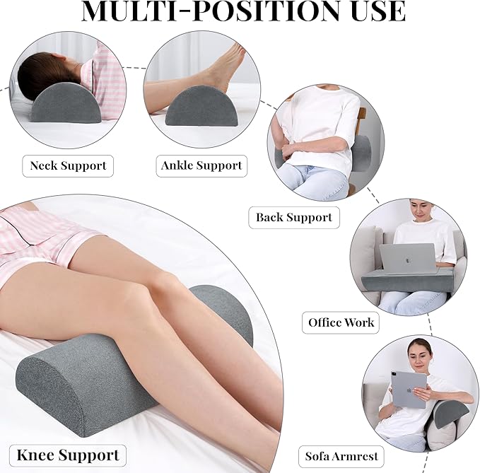 Large Knee Pillow for Side Sleepers Memory Foam Leg Pillows for Sleeping Yoga Bed Half Moon Bolster Pillow for Neck Pain Relief with 2 Pillowcases 23.6"x8.7"x5"(Grey+Green, Extended Size)