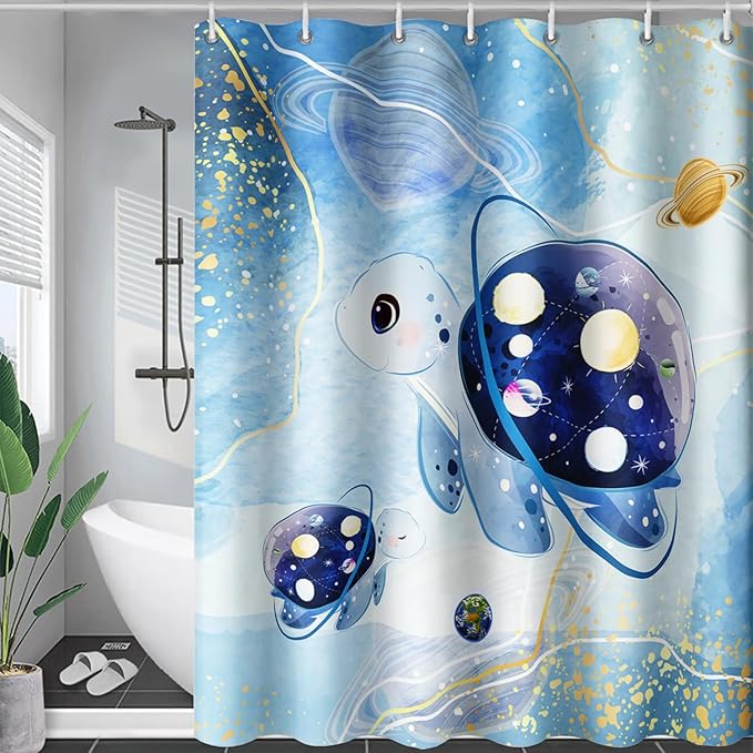 AILONEN Sea Turtle Shower Curtain,Blue Space Planet Turtle Bath Curtain,Watercolor Ocean Turtle Shower Curtain Waterproof for Bathroom Decor with 12 Plastic Hooks, 72" W*72" H