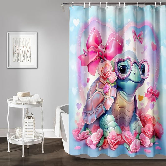 AILONEN Cute Sea Turtle Shower Curtain for Bathroom,Kawaii Turtle Pink Flower Print Bath Curtain 72" W*96" H,Girls Women Modern Decorative Waterproof Curtain with 12 Plastic Hooks