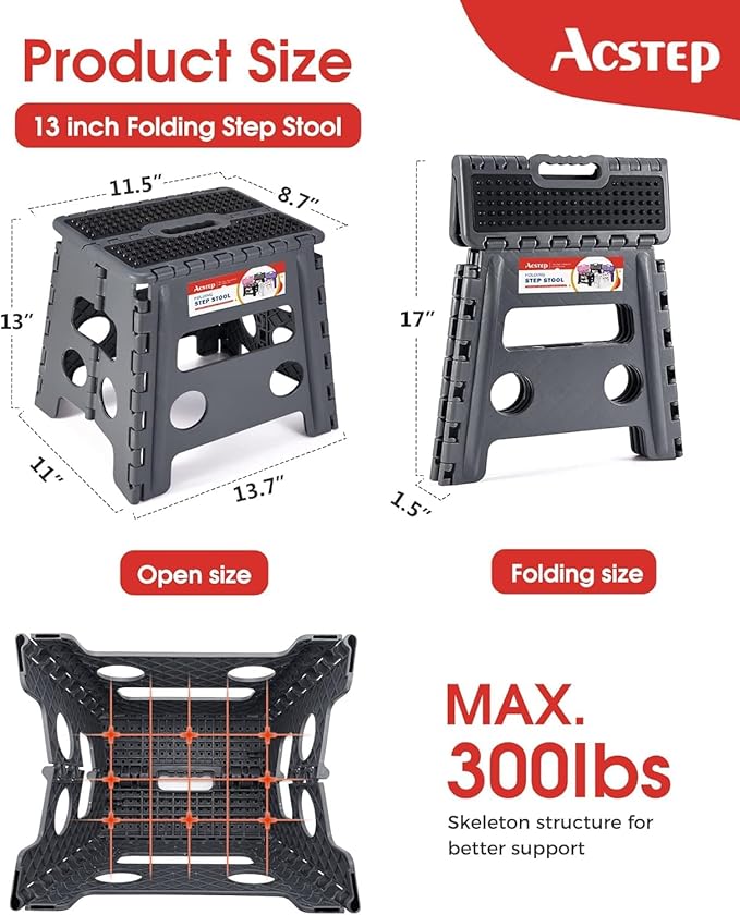 ACSTEP 13" Folding Step Stool- Holds up to 300Lb,The Lightweight Non-Slip Upgrade Collapsible Stepping Stool is Sturdy Enough to Support Adults and Safe Enough for Kids(Grey,1 Pack)