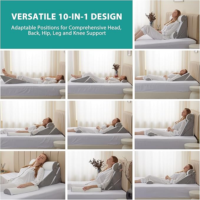 Adjustable 4pcs Bed Wedge Pillow Set, Memory Foam Wedge Pillow Post Surgery for Back, Neck, Leg Pain Relief, Pillow Wedge for Sleeping, Sitting up in Bed, Acid Reflux and GERD, White/Grey