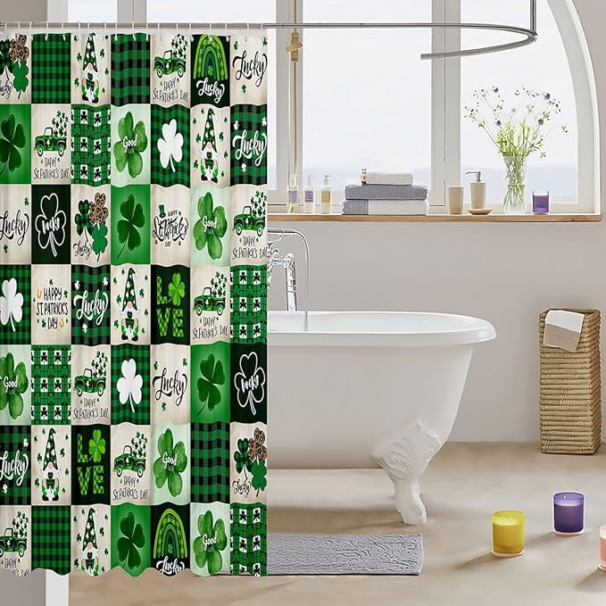 Manfei Happy St. Patrick's Day Kids Shower Curtains,Cartoon Gnomes Leaves Irish Bathroom Curtains for Girls Boys,Geometric Plaids Grids Green Retro Waterproof Curtains,12 Hooks Suits,72" W x 72" L