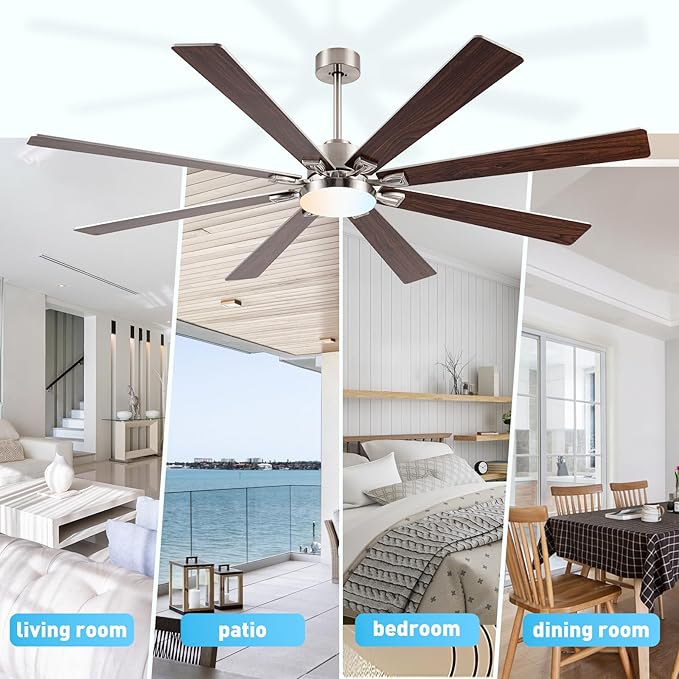 72 inch Large Ceiling Fans with Lights and Remote,Brushed Nickel Modern Indoor & Outdoor Ceiling Fan for Living Room,Patio,6 Speed Reversible Quiet DC Motor,3 CCT,Dual Finish 8 Wooden Blades