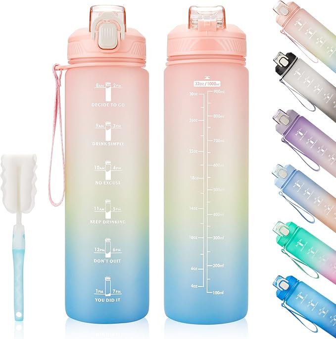 Motivational Water Bottle with Time Marker- 32oz Water Bottles with Times to Drink, Leakproof & BPA Free Sports Water Bottle with Straw & Carry Strap for Fitness, Gym, and Outdoor Sports
