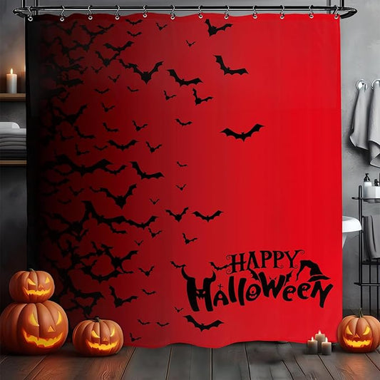 Halloween Bat Shower Curtain 60Wx72L Inch Black Red Horror Scary Spooky Ombre Holiday Bathroom Set Accessories Decor with 12 Pack Hooks