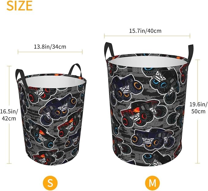 Monster Truck Boys Style Round Laundry Hamper Storage Basket Toys Clothes Organizer Bin For Home Bathroom Bedroom Dorm Nursery, 38l