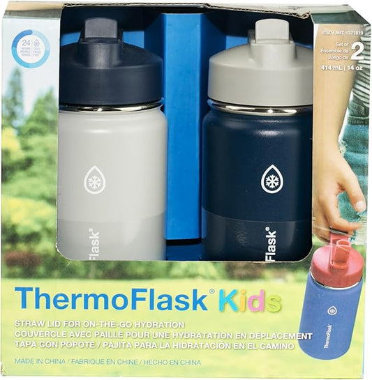 ThermoFlask 14 oz Double Wall Vacuum Insulated Stainless Steel 2-Pack of Water Bottles, Harbor Grey/Denim
