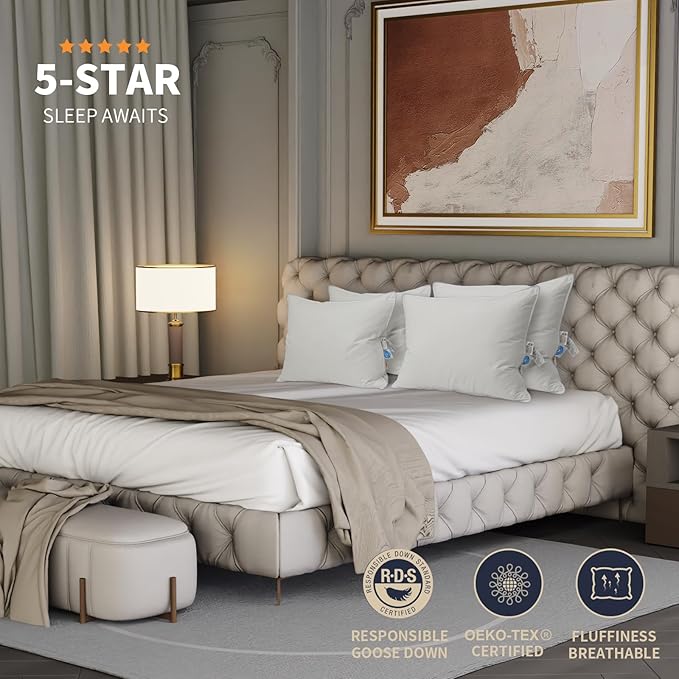 Natural Goose Down Pillows: Luxury Hotel Bed Pillow with 750 Fill Power, White Goose Down Sleeping Pillow with Pillowcase, Soft Pillow for Back, Side, Stomach Sleepers - 1 Pack, Standard (20" x 26")