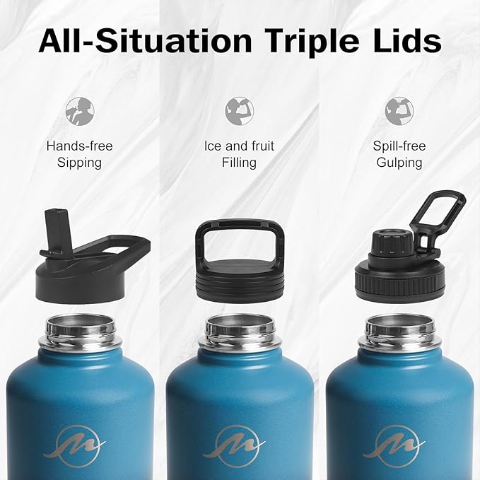 Insulated Water Bottle 64 oz with Straw Lid (3 Lids), Half Gallon Jug Flask, Large Metal Stainless Steel Bottle, 64 oz Double Wall Vacuum Sports Thermo Mug, Cold 48H Hot 24H (Indigo Black)