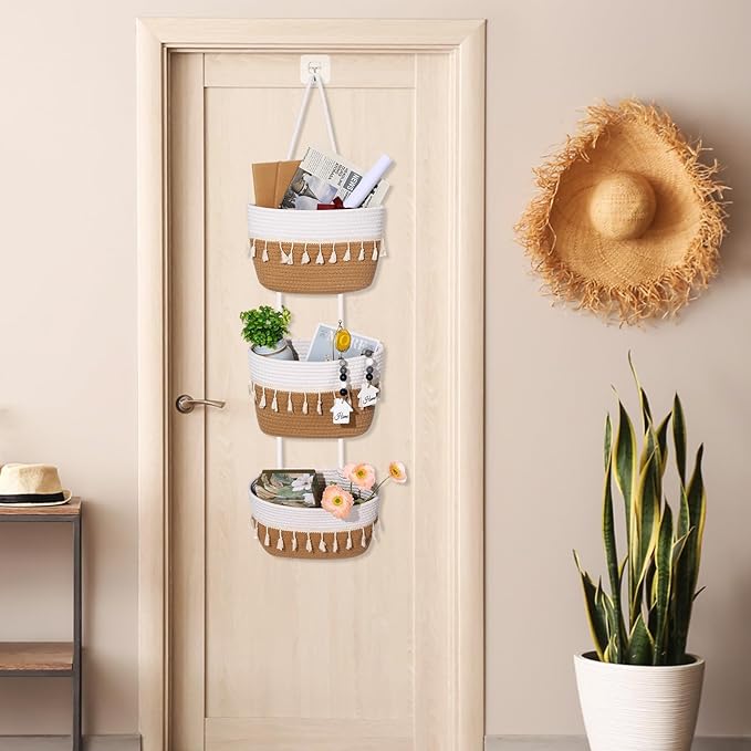 Over The Door Hanging Basket Boho Woven Wall Hanging Baskets 3-Tier Cotton Wall Mounted Storage Organizer Bag Macrame Decorative Hanging Baskets for Kitchen Laundry Room Stairs(White, Jute)