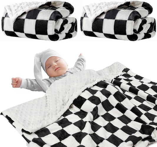 Soft Checkered Baby Blankets for Unisex Girls or Boys Breathable Gender Neutral Nursery Double Layer Blankets with Dotted Backing for Newborn Toddlers (30” X 40”)