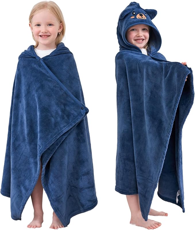 Hiturbo Kids Animal Hooded Towel: Soft Plush Fleece Blanket - 50"x30" Swim Cover Up - Pool Beach Bath Towel Wrap for 3-12 Yrs (Navy Bear)