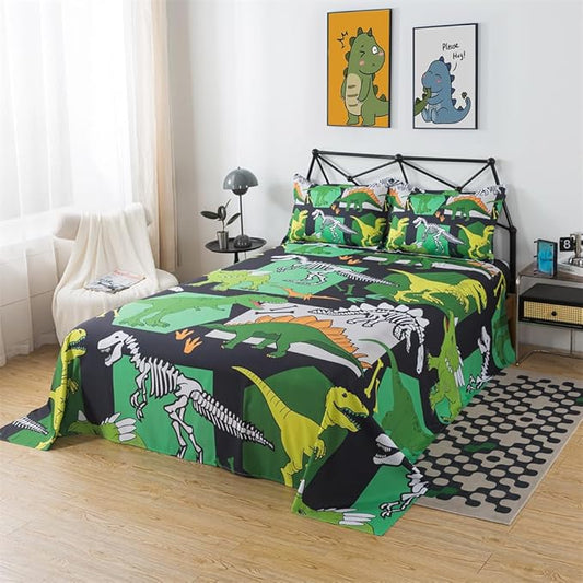 qjmiaofang Dinosaur Sheets Full Size for Boys Dinosaur Sheet Set 4Pieces Ancient Dinosaur Flat Sheet Set T-Rex Flat Sheet Animals Printed Dinosaur Bed Sheet 1 Fitted Sheet 1 Flat Sheet 2 Pillowcases
