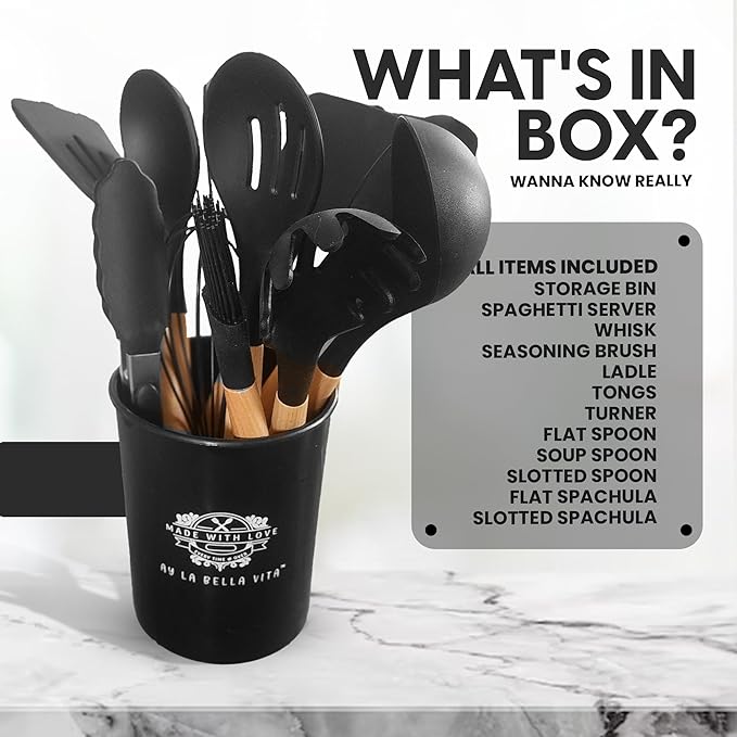 Silicone Utensil Set, 12 PCS Wooden Handle Nontoxic BPA Free 100% Food Grade Silicone Spoon Spatula Ladle Turner Tongs Kitchen Gadgets Utensil Set for Nonstick Cookware (Black)
