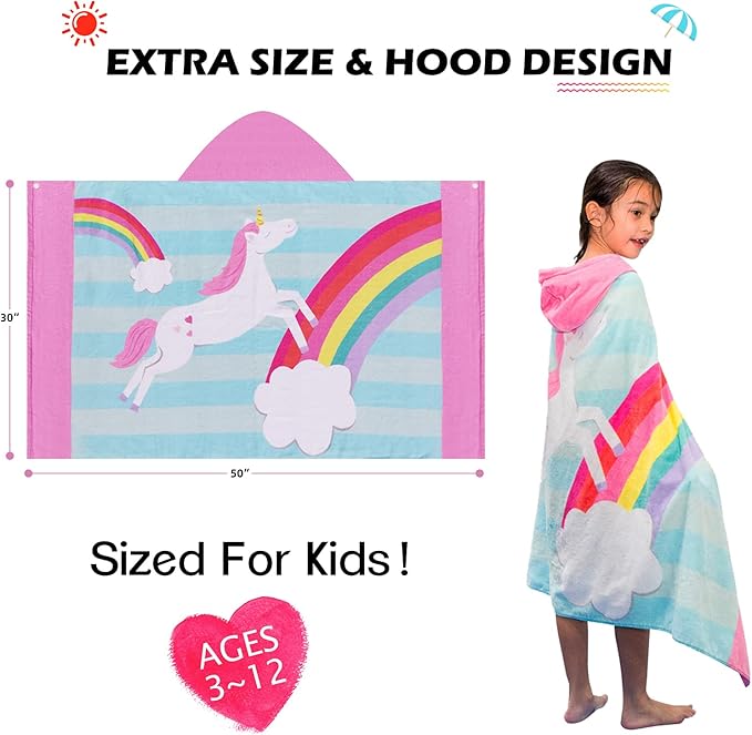 BANGSAUR Kids Hooded Beach Bath Towels, Oversize 100% Cotton 50"x30" Wrap, Toddlers Girls 3-12 Years Coverup Flamingo