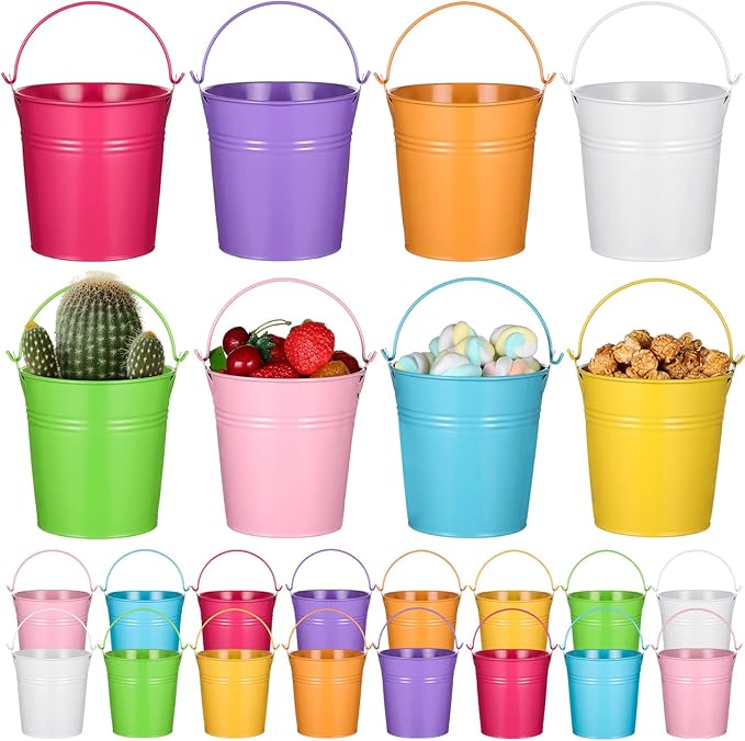 Therwen 24 Pieces Small Metal Buckets with Handle Colored Galvanized Bucket Round Metal Pail for Kids Classroom Candy Crafts,Utensils, Vase Party Favor(4.13 Inch,with Handle)