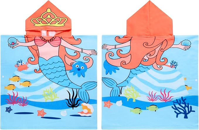 Kids Blue Mermaid Hooded Beach Towel Girls Cute Poncho Pool Towels with Hood 24*47 in Soft Microfiber Swim Cover-ups Kids Ages 3-10 Thick Absorbent Cotton Hooded Bath Towel Wrap Bathrobe