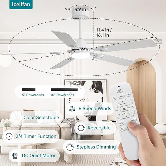 Iceifan White 52 Inch Ceiling Fans with Lights and Remote Control,Reversible Ceiling Fans with Dimmable LED Lights and Remote DC Motor 6 Speeds Indoor/Outdoor Ceiling Fan for Bedroom Patios Porch