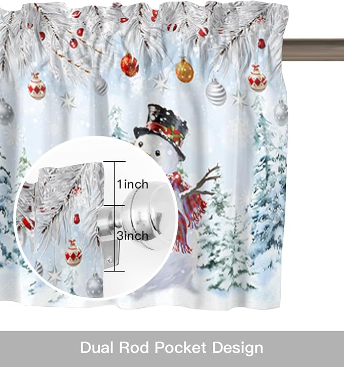 Snowman Valance Curtains for Kitchen Windows Blue Merry Christmas Tree Red Balls Squirrel Rod Pocket Window Treatment Toppers for Kitchen/Living Room/Bedroom/Bathroom, 60" X 18", Winter