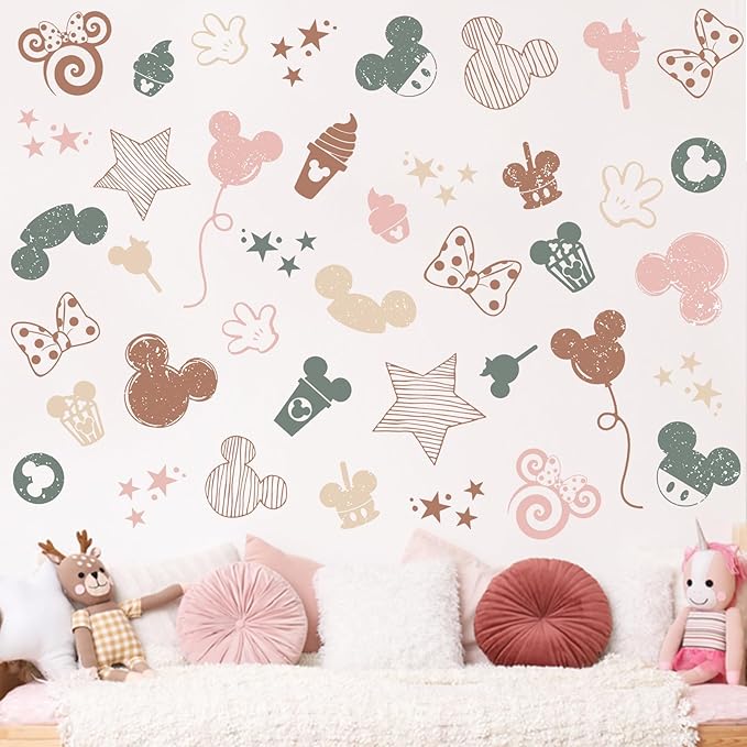 Mfault Cartoon Mouse Wall Decals Stickers, Stripes Stars Pink Polka Dot Bow Nursery Decorations Baby Girls Bedroom Art, Candy Balloon Neutral Toddlers Kids Room Playroom Decor Gifts