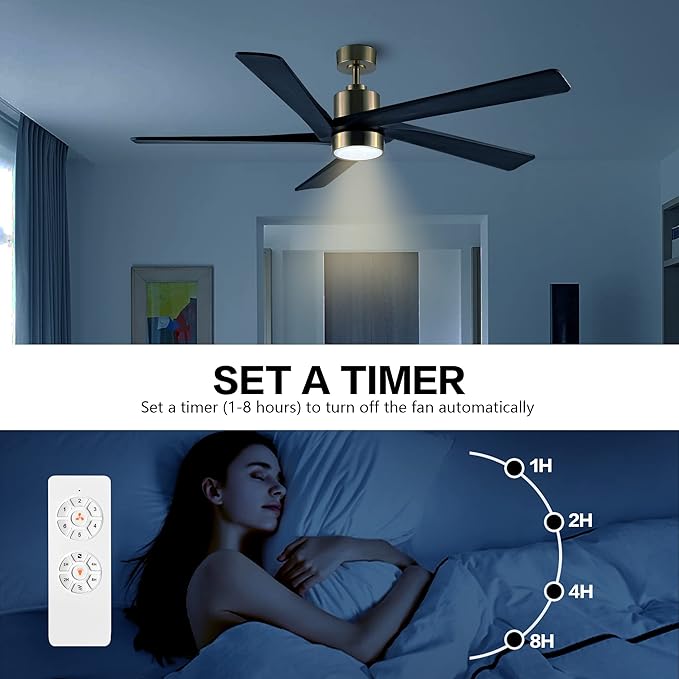WINGBO 64 Inch DC Ceiling Fan with Lights and Remote Control, 5 Reversible Carved Wood Blades, 6-Speed Noiseless DC Motor, Modern Ceiling Fan in Brass Finish with Balck Blades, ETL Listed