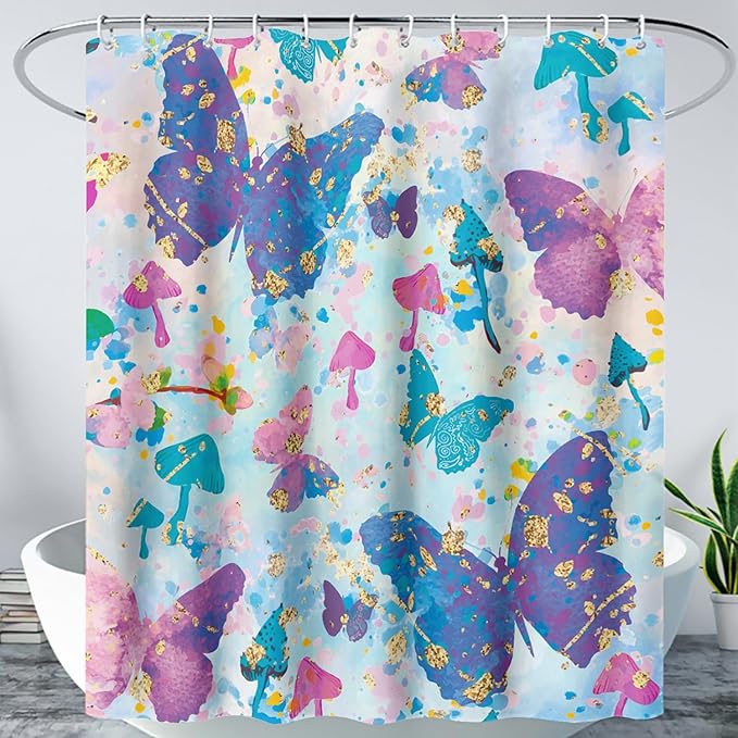 AILONEN Butterfly Shower Curtain for Bathroom, Blue Pink Tie Dye Butterfly Bath Curtain,Women Girls Bathroom Curtain,72" W*72" H Polyester Waterproof with 12 Plastic Hooks