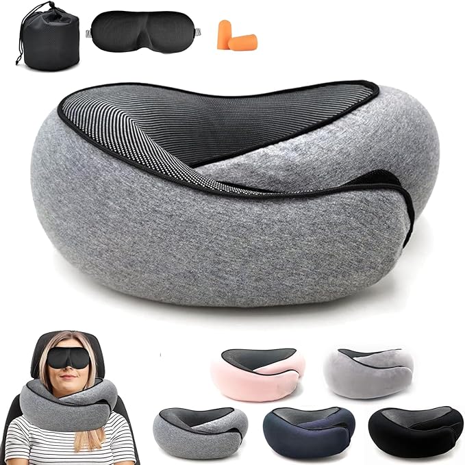 2024 Memory Foam Neck Pillow 360 Degree Neck Support Travel Pillows for Airplanes and Long Flight Travel Neck Pillow (Dark Grey)